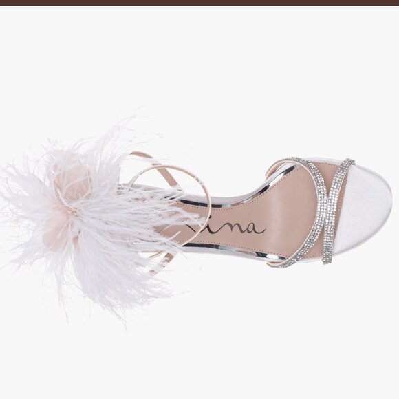 NINA IVORY SATIN HIGH-HEEL SANDALS WITH CLEAR CRYSTALS, FEATHERS AND ANKLE STRAP - Picture 3 of 5